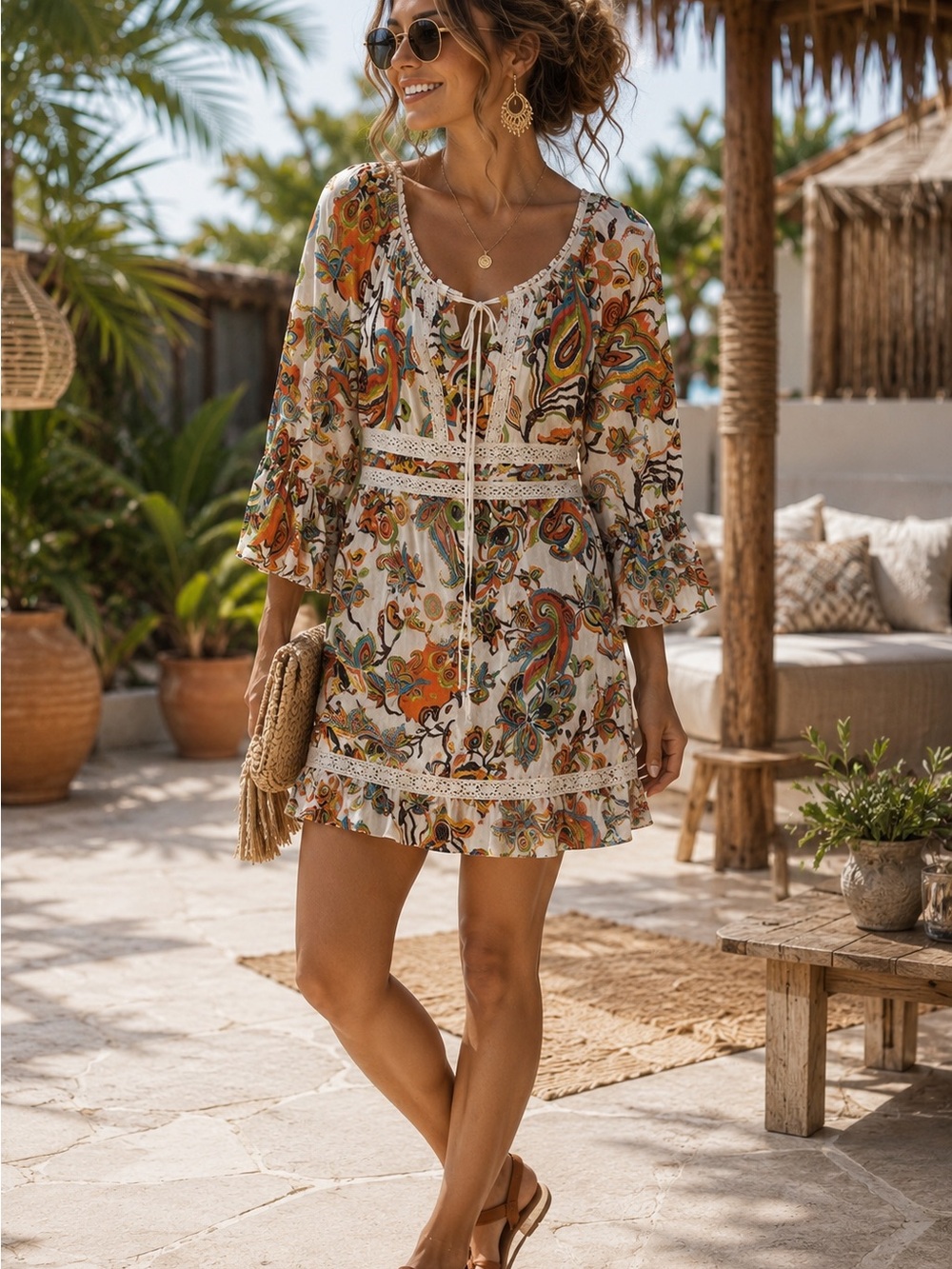 Moda International Paisley Boho Crochet Trim Tie Neck Dress S Boho Festival